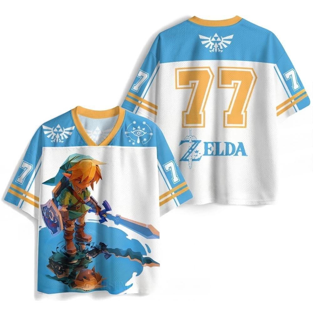 3D Printing Link - เสื้อยืดแขนสั้นคอวีผ้าตาข่ายระบายอากาศทรงหลวมสำหรับผู้ชายและผู้หญิง พิมพ์ลายสามเหลี่ยมดาบมาสเตอร์เซอร์โว 3 มิติ ลายเซลด้า ลิงค์