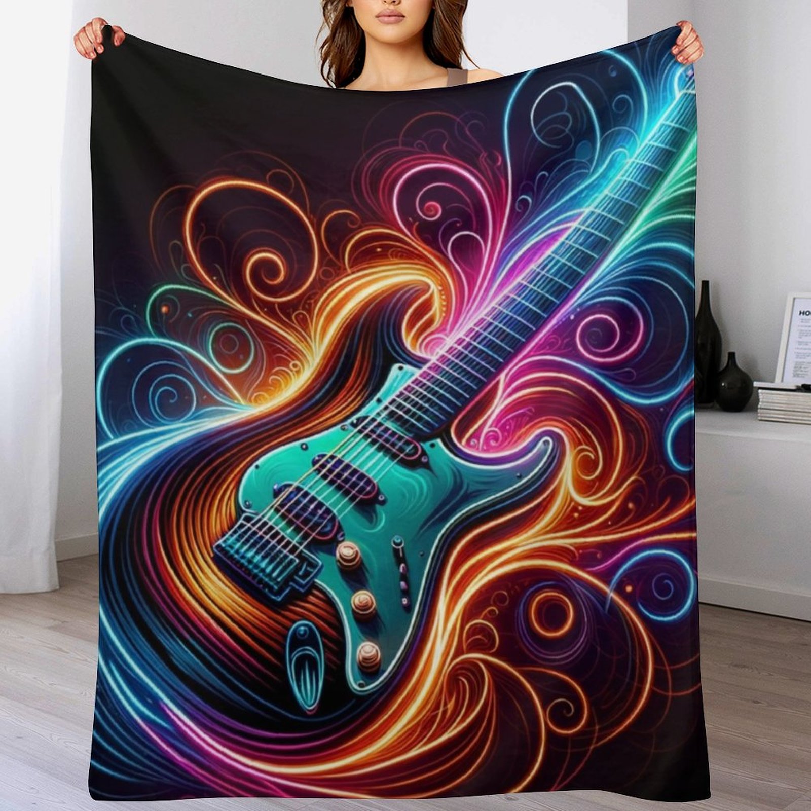 3D Printing Guitar - นีออนกรูฟ - ผ้าห่มกันหนาวลายกีตาร์ไฟฟ้า ผ้าห่มนุ่มสำหรับเครื่องปรับอากาศ สำหรับใช้ในบ้านและสำนักงาน