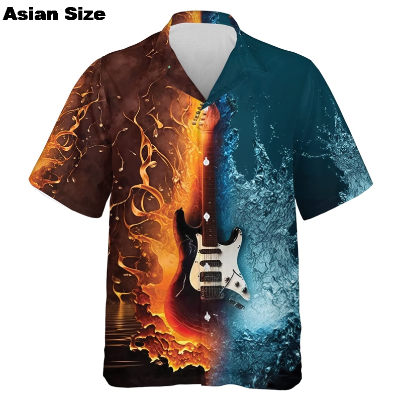 3D Printing Guitar - เสื้อสําหรับชายเพลงกีตาร์พิมพ์Rock Hip Hopชายเสื้อผ้าแขนสั้น 2025 Beach Ahloaเสื้อCamisaสังคมเสื้อ